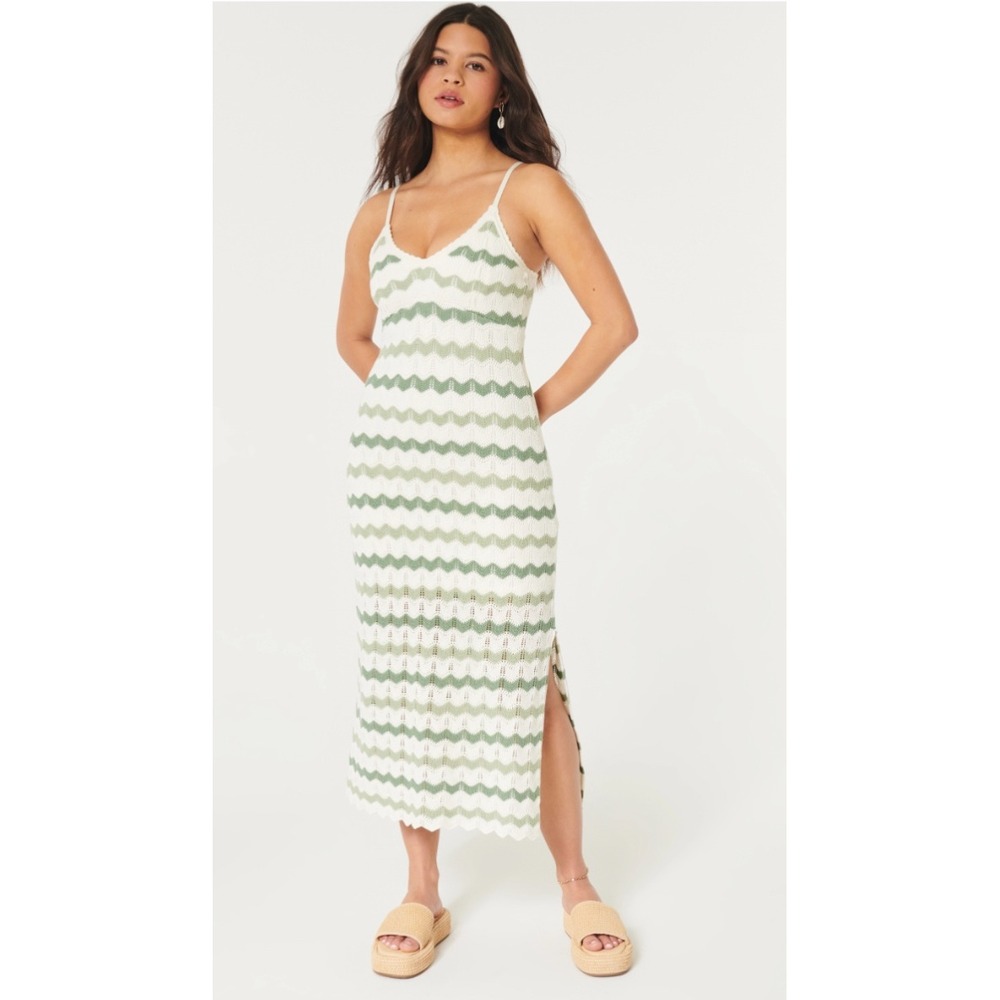 Hollister Green White Chevron Crochet Midi Dress Adjustable Straps Large Womens